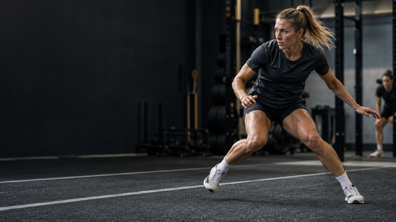 Athlete performing a lateral movement drill in a training facility